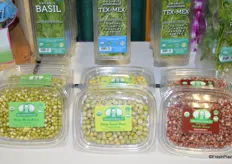 New product on display at the Rock Garden booth. Sprouts including Baby Mung beans, Baby Sweet peas and Aduki beans.